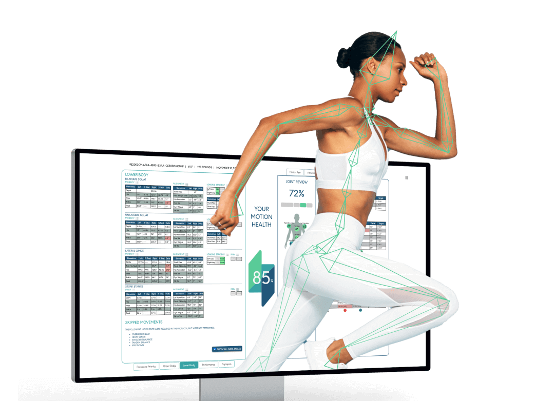 Athlete with DARI skeletal tracking overlay in front of a motion report