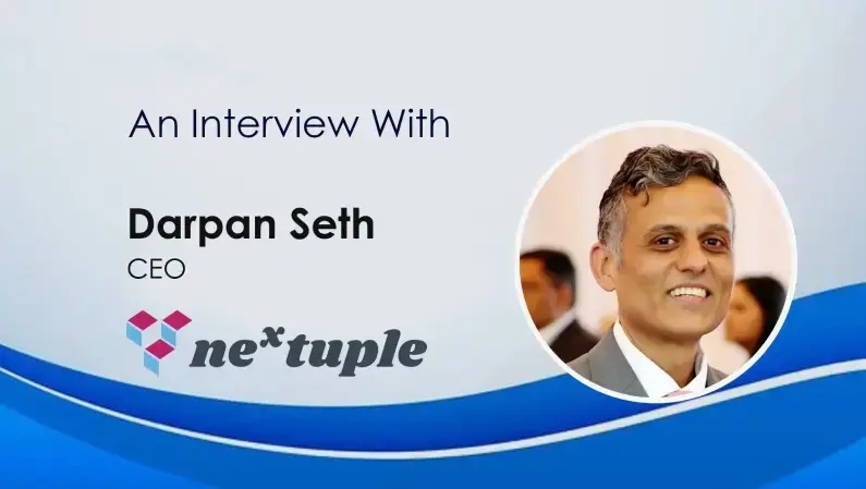 Published SalesTechStar interview artwork featuring Darpan Seth in a suit