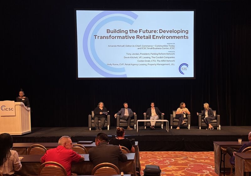 Retail industry panel onstage at ICSC Las Vegas, with a presentation about transformative retail environments