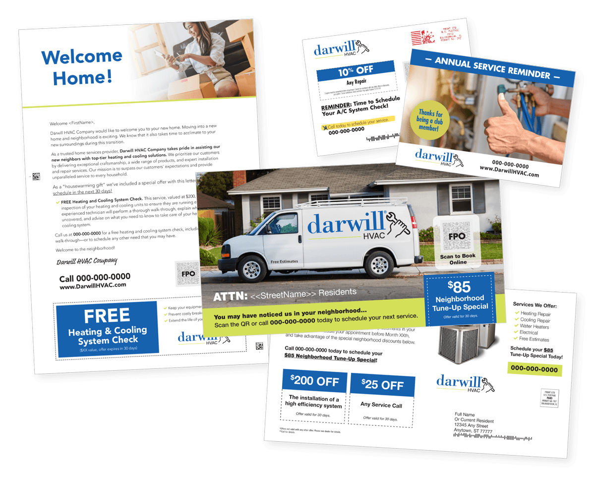 Illustrative Darwill home services mail designs with welcome offers and maintenance reminders