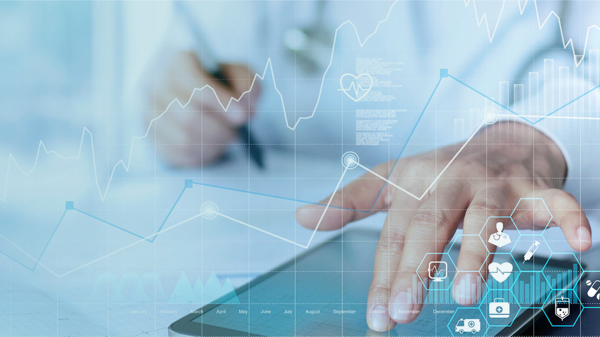 Data Dimensions promotional illustration of a clinician using a tablet, with healthcare symbols and chart overlays