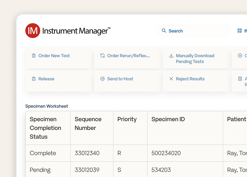 Instrument Manager software interface showing specimen workflow controls