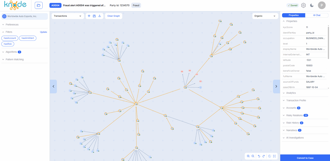 KNODE investigation interface with connected entities and an investigation workspace