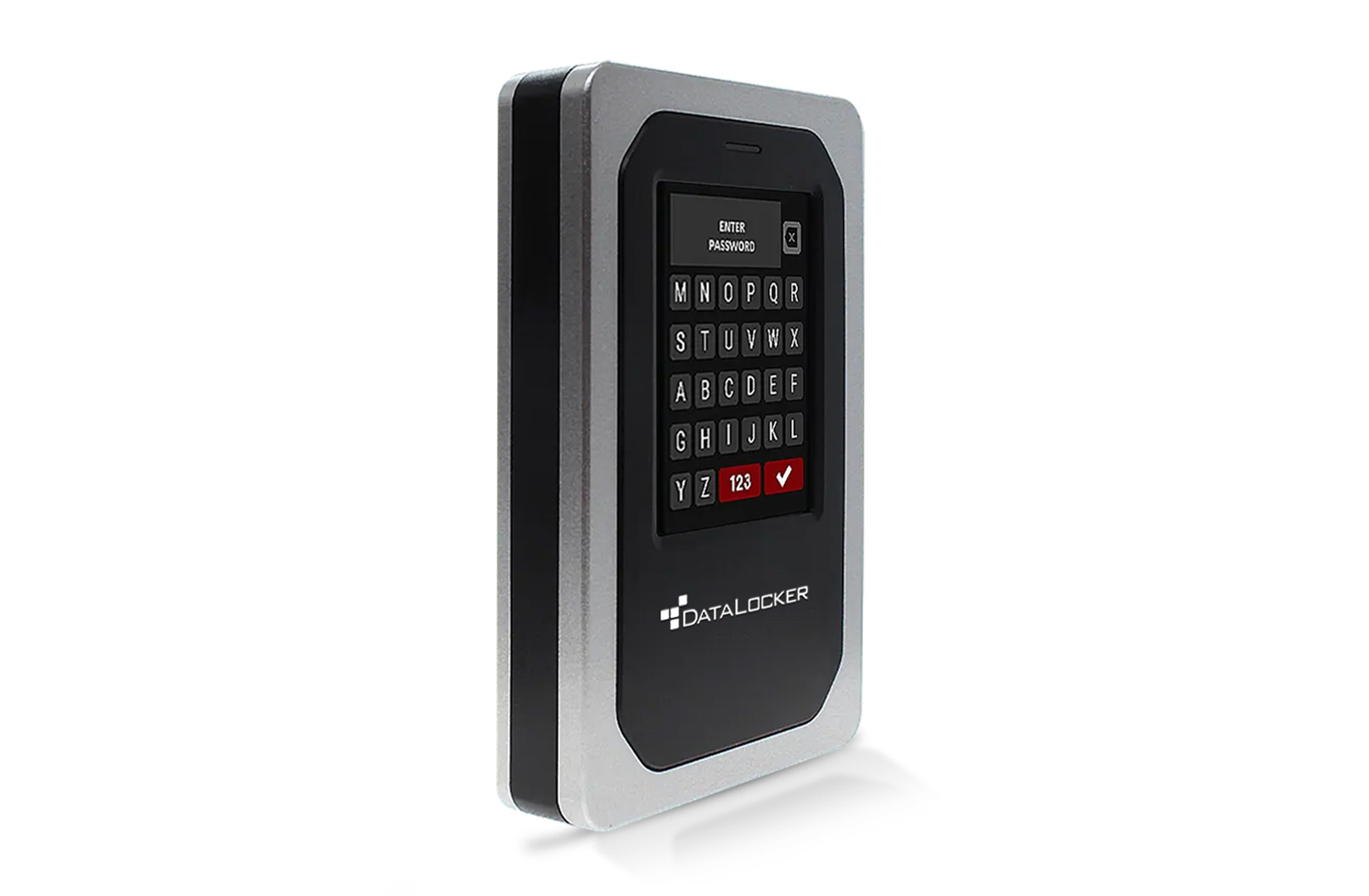 DataLocker DL4 FE encrypted external drive with its touchscreen illuminated