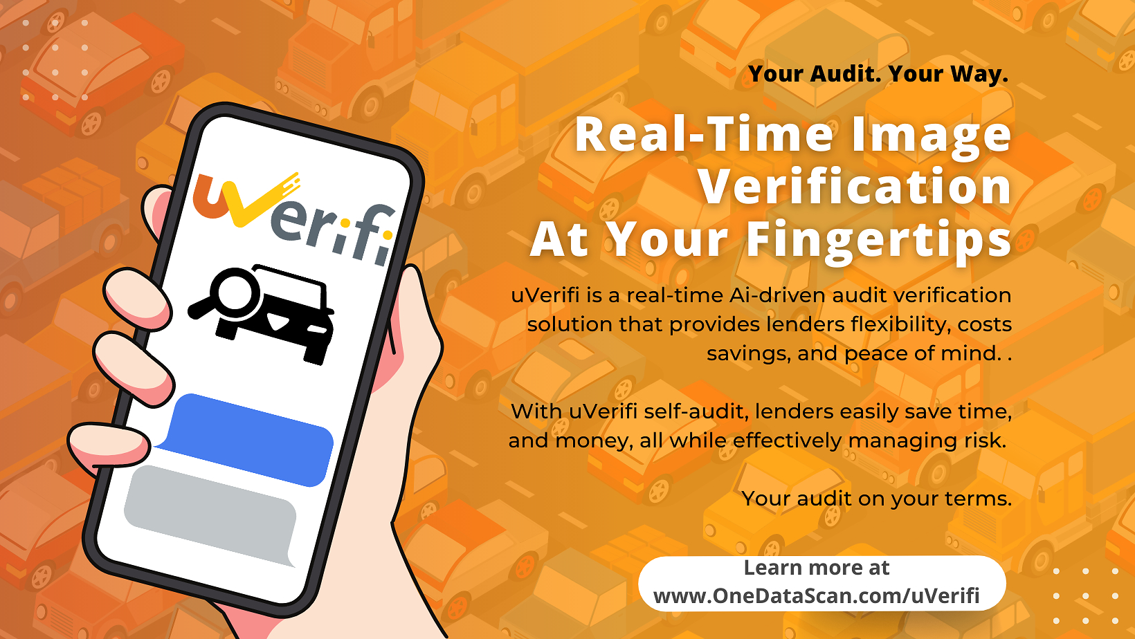 DataScan’s orange uVerifi launch illustration shows a hand holding a phone for vehicle image verification.