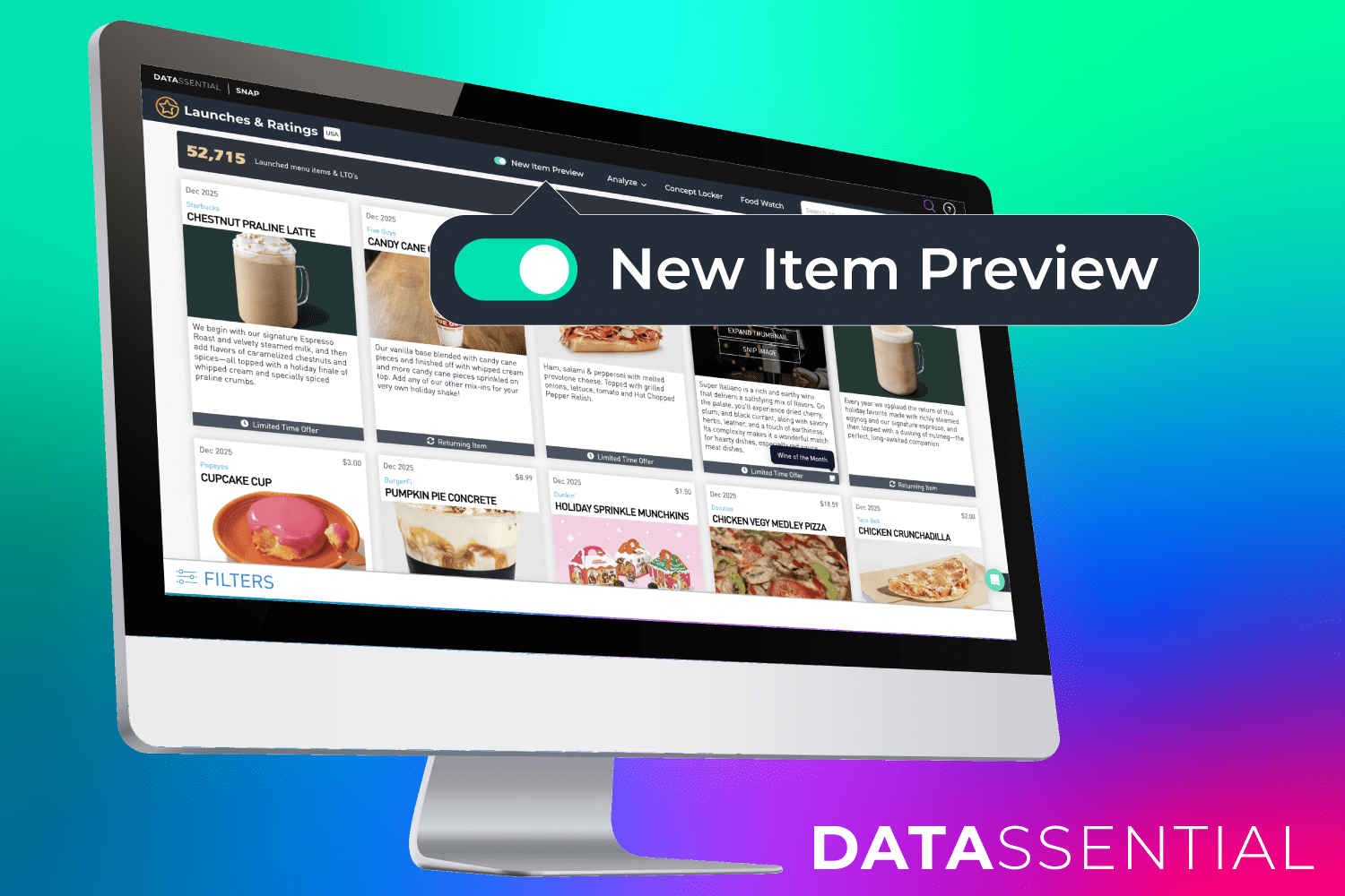 Datassential Launches and Ratings New Item Preview interface shown on a desktop display