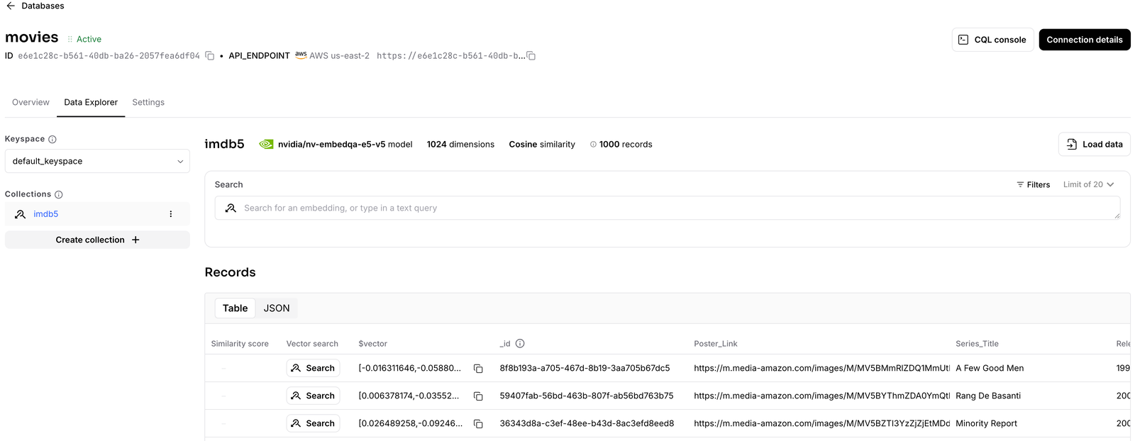 Astra DB explorer displaying a movies collection and vector-search records