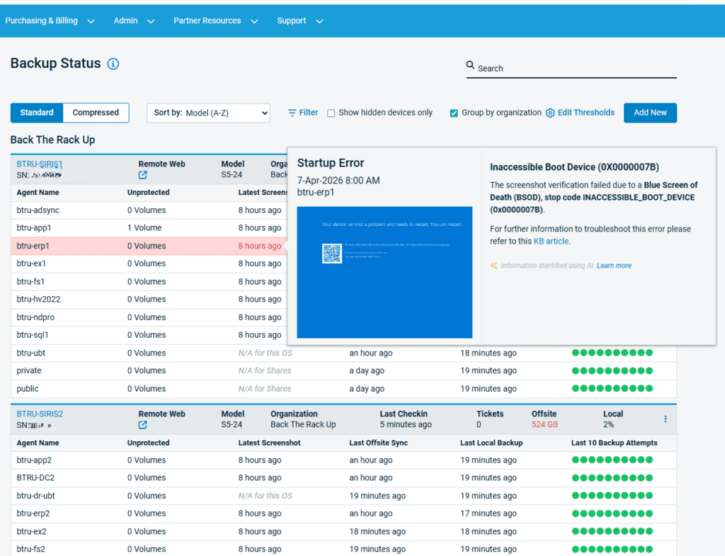 Datto product illustration showing screenshot verification results and boot analysis
