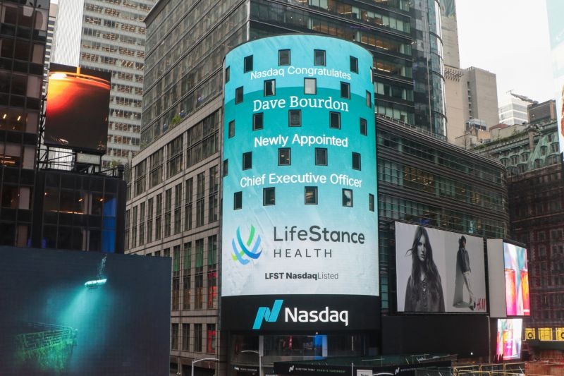 Nasdaq Tower in Times Square displaying congratulations to Dave Bourdon on his CEO appointment