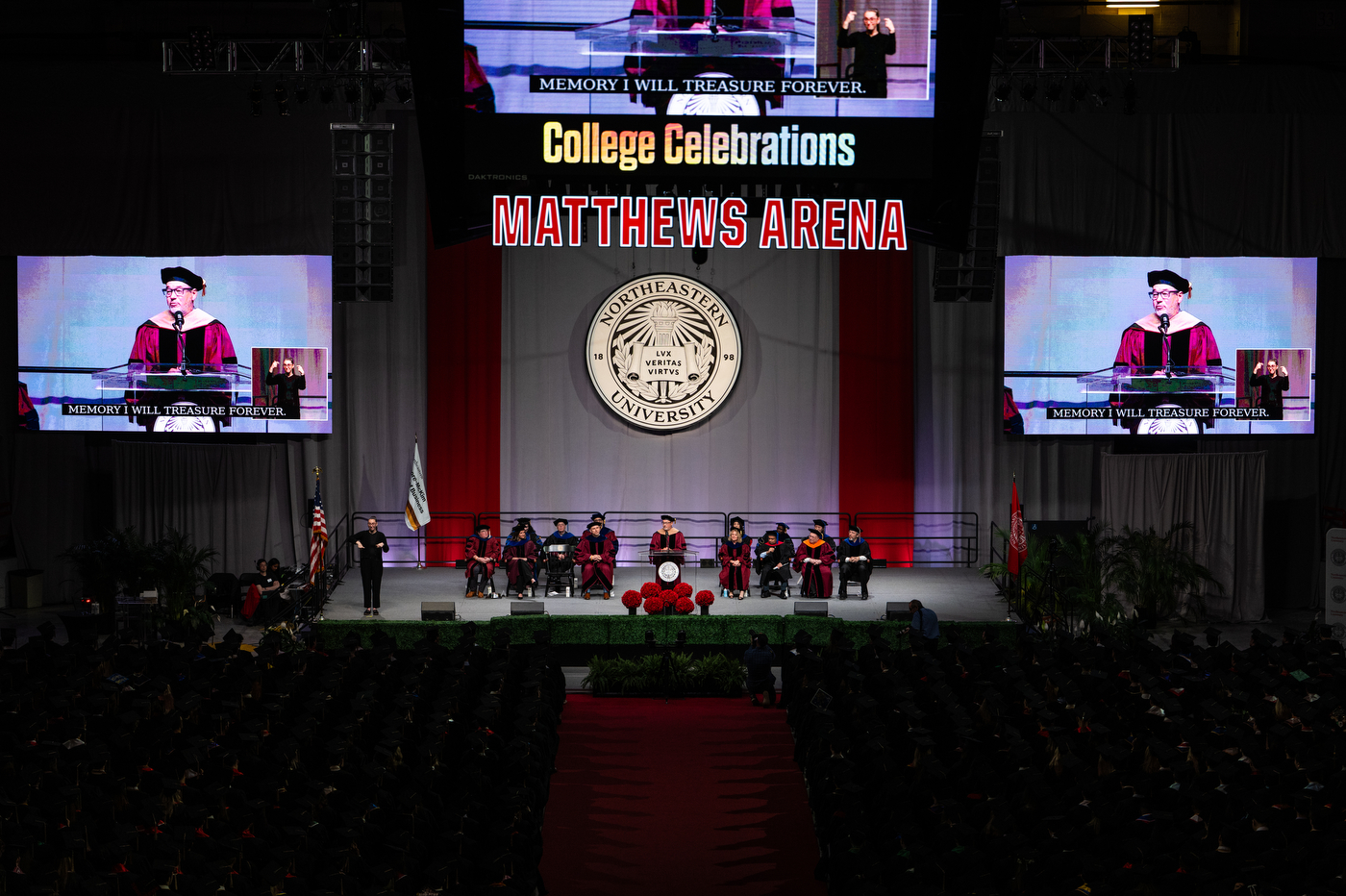 Dave Powers delivering the 2025 business school commencement address at Northeastern’s Matthews Arena