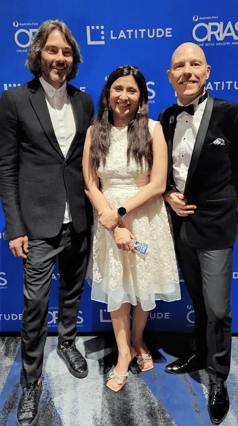 David Whittle, Aparna Gray and Aaron Luxmoore together at the Online Retail Industry Awards