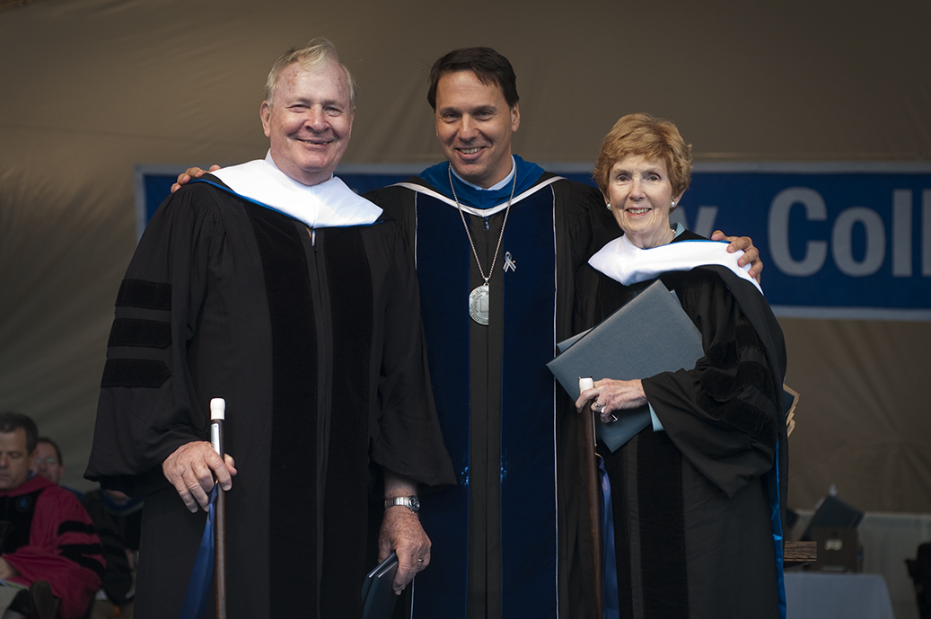 David Jones on the left, Ron Liebowitz in the center and Betty Jones on the right, wearing academic gowns at Middlebury in 2009
