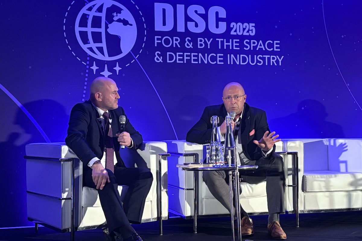 David Broadbent speaking with Dave Black during a fireside chat at Defence in Space 2025