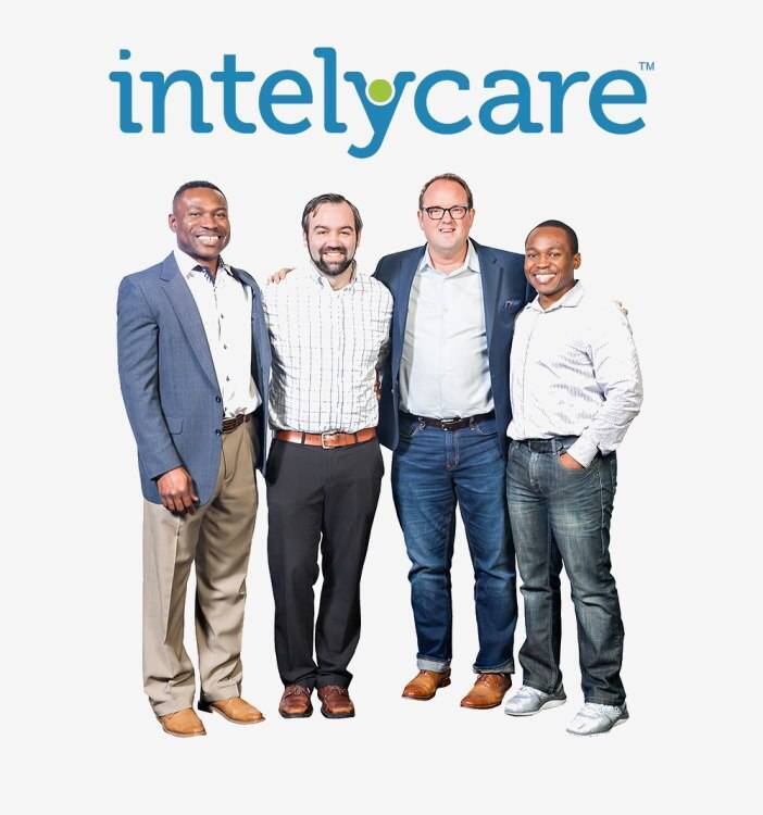 Four members of the IntelyCare founding team beneath the company name; David Coppins is second from right.