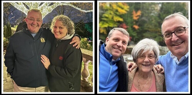 Two family photographs: David and Ashley Dill together, and Chris, Marilyn and David Dill together.