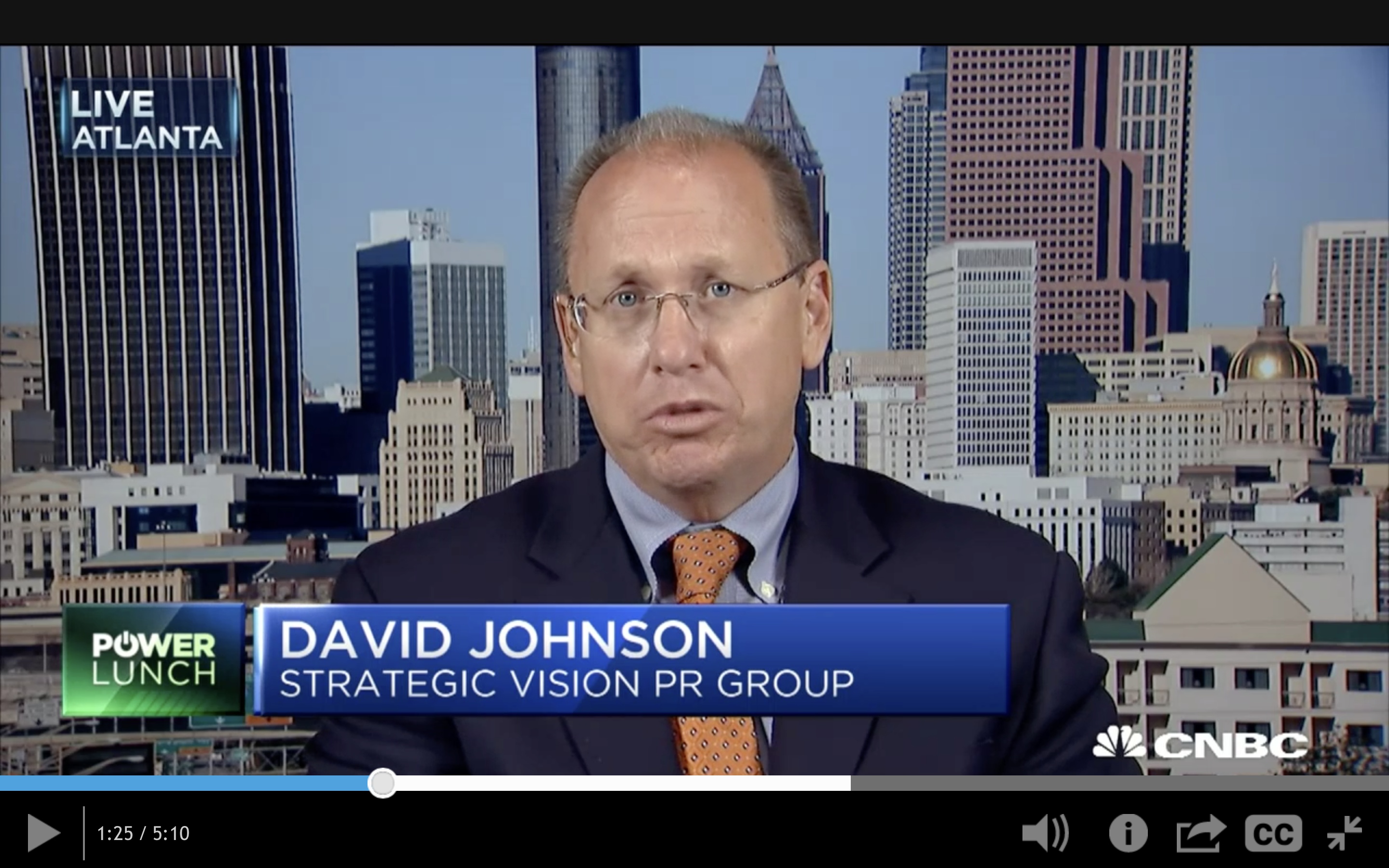 David Johnson appearing from Atlanta on CNBC Power Lunch, with his name and Strategic Vision PR Group on screen