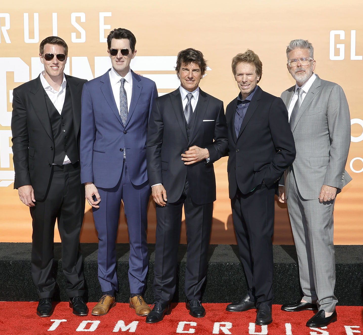 David Ellison, Joseph Kosinski, Tom Cruise, Jerry Bruckheimer and Christopher McQuarrie at the Top Gun: Maverick world premiere