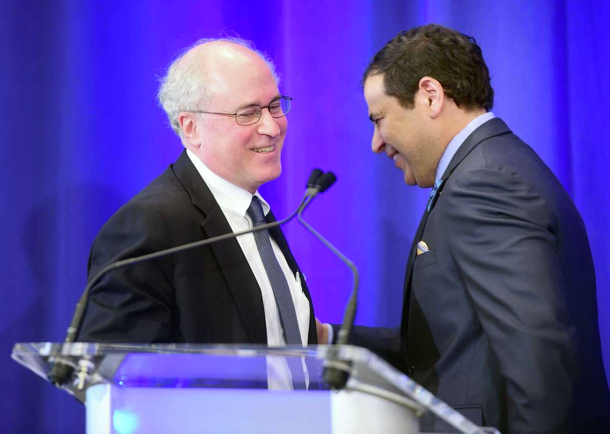 Leonard Bell, left, and David Hallal at Alexion’s headquarters dedication in New Haven in 2016