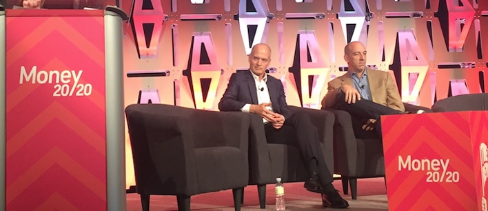 David Kimball, right, and Ken Rees seated onstage at Money20/20 in 2018
