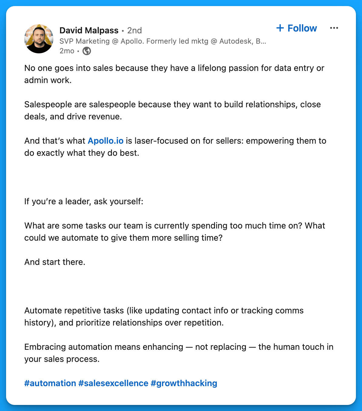 A David Malpass LinkedIn post from his Apollo era about automating administrative work so salespeople can focus on relationships and revenue