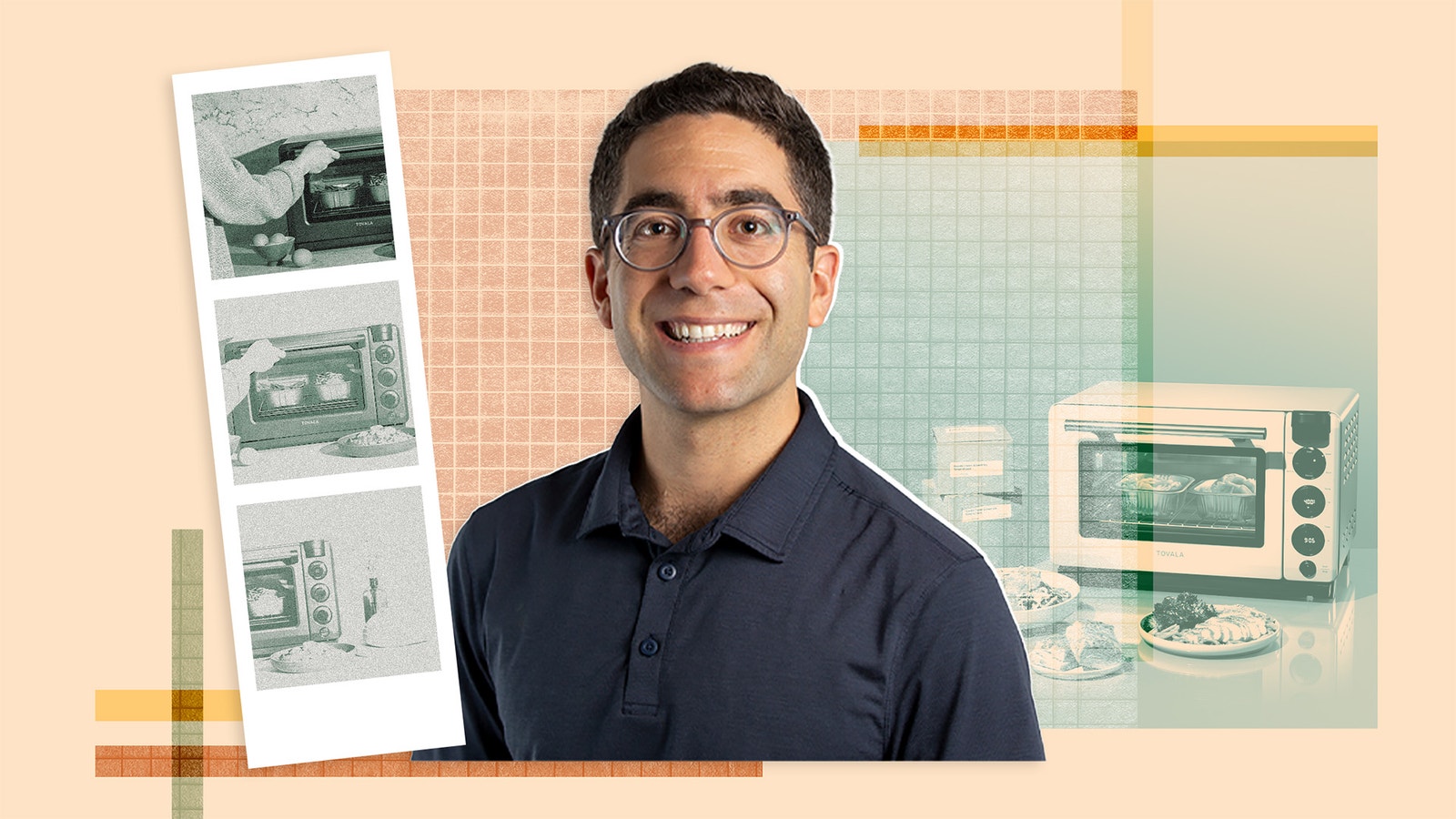 David Rabie beside an illustrated Tovala smart oven and meal trays
