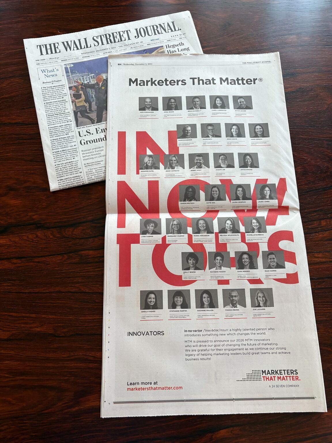 A Wall Street Journal advertising feature showing the 2026 Marketers That Matter Innovators, including David Rich