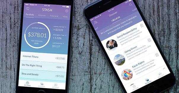 Two phones showing Stash’s early investment dashboard and discovery screen