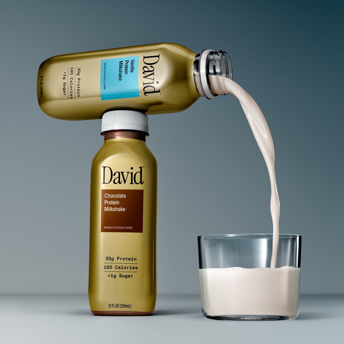 David protein milkshakes in a studio pouring photograph