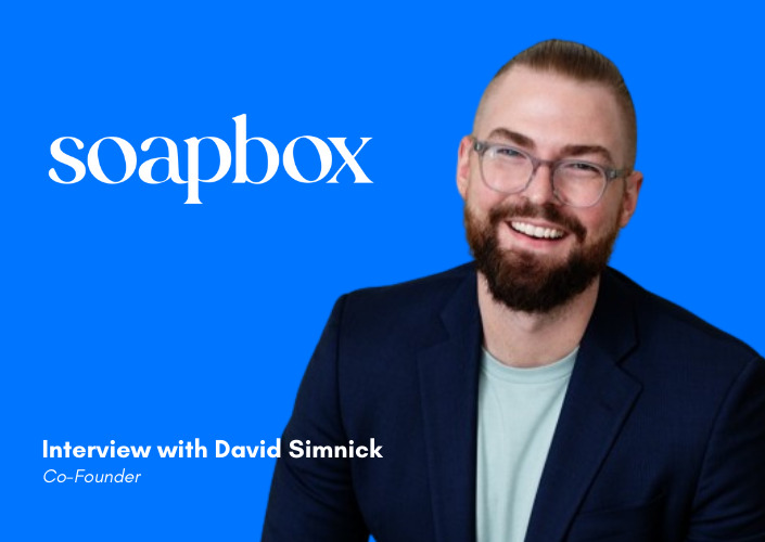 David Simnick smiling beside the Soapbox wordmark