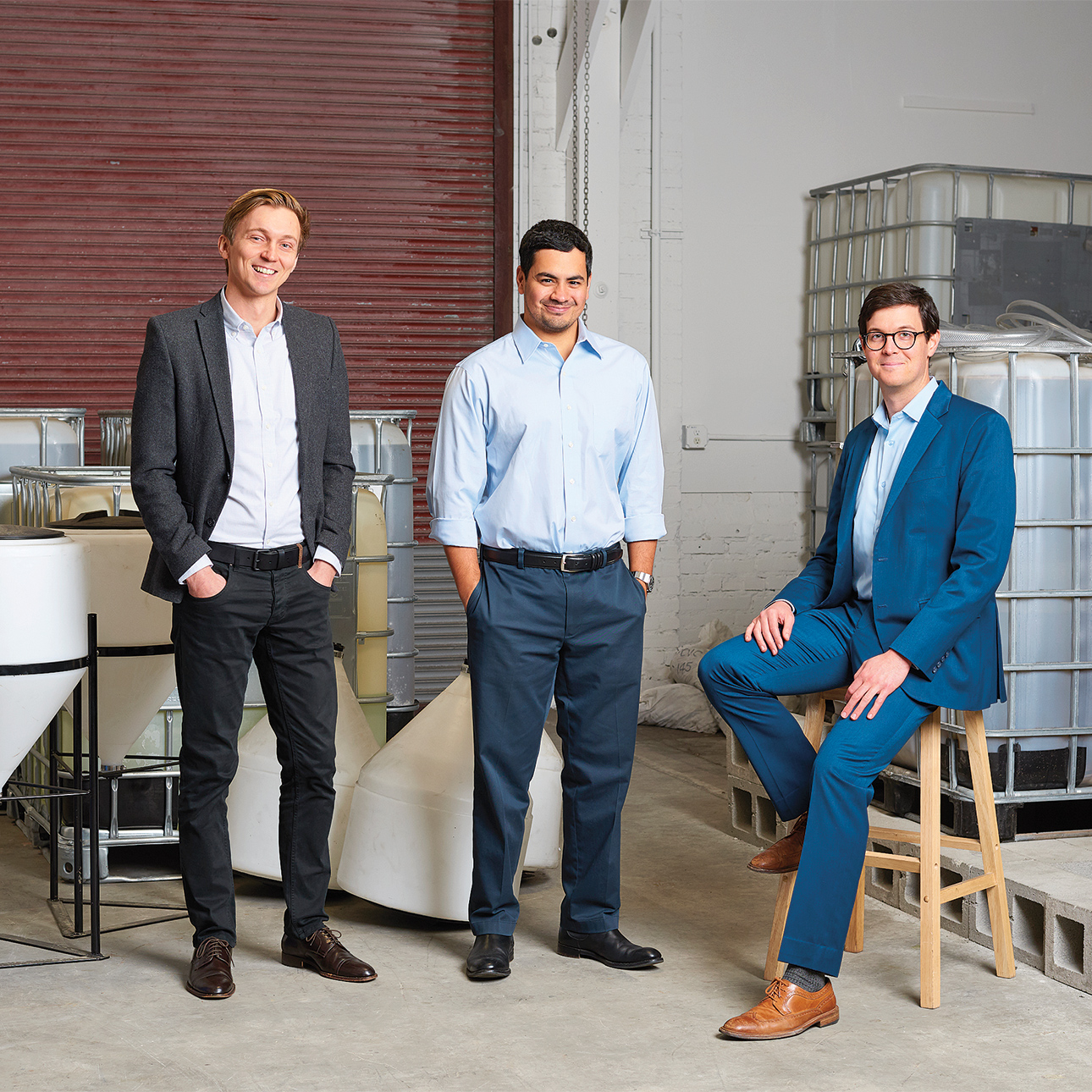 Tom Wilson, Nick Goldberg and David Snydacker at Lilac, surrounded by industrial equipment