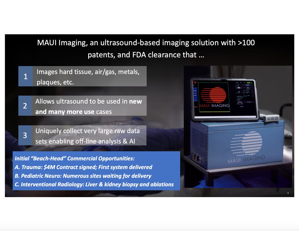 A MAUI Imaging investor presentation slide showing the K3900 system and its stated imaging capabilities