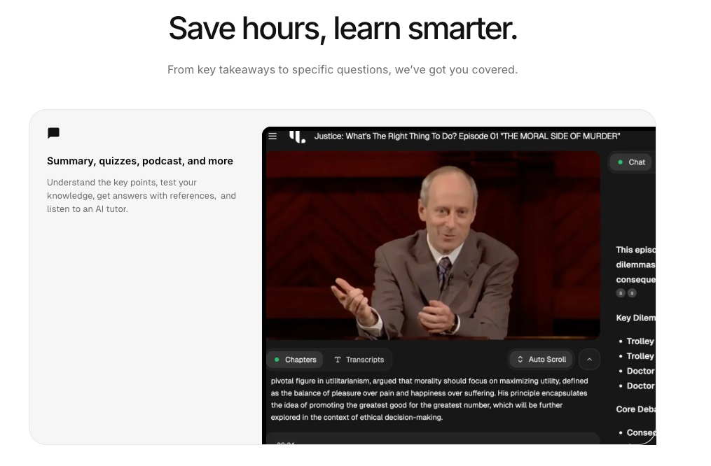 YouLearn product interface showing a video lecture alongside a transcript and learning tools