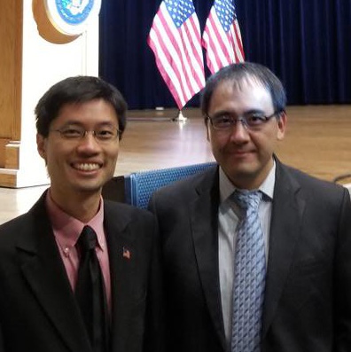 Po-Shen Loh, left, and David Zhang, right, at the 2019 presidential early-career science awards