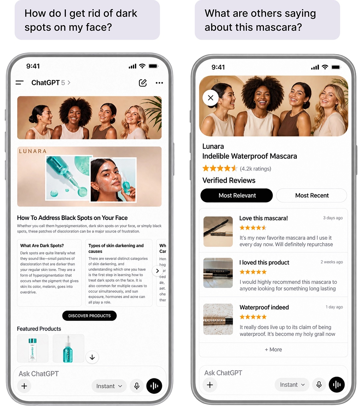 DaVinci’s illustrative BrandStore interfaces show lifestyle information and product reviews within an AI shopping conversation