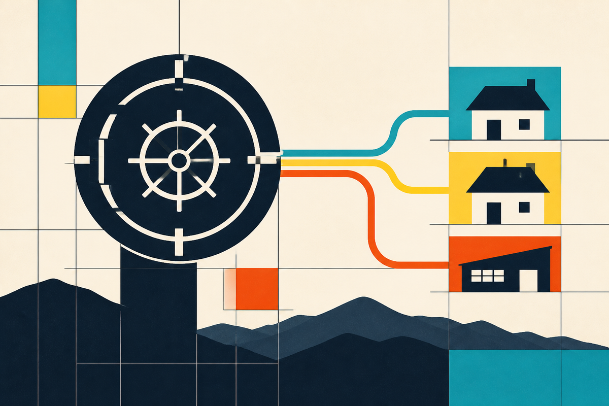Abstract Swiss-style illustration of a bank vault channeling capital toward homes and a workshop against Appalachian ridges