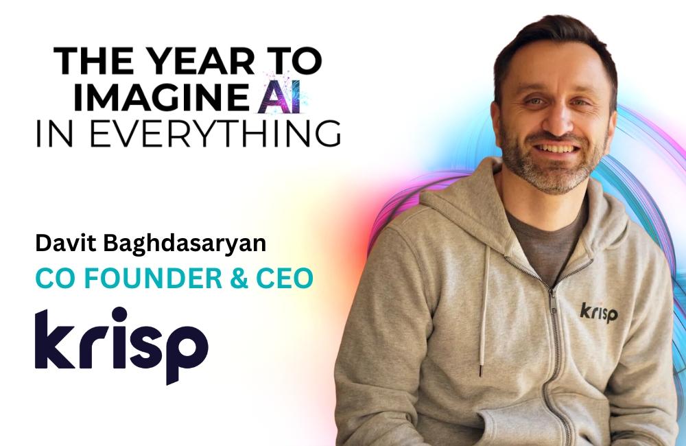Davit Baghdasaryan in a gray Krisp hoodie in GITEX’s interview artwork.