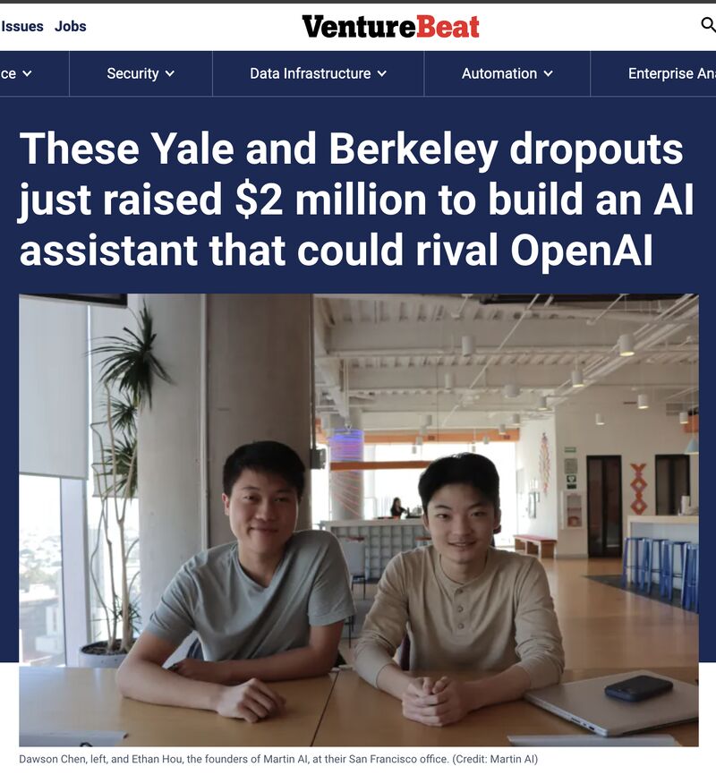 A VentureBeat feature showing Dawson Chen and Ethan Hou seated together in their San Francisco office