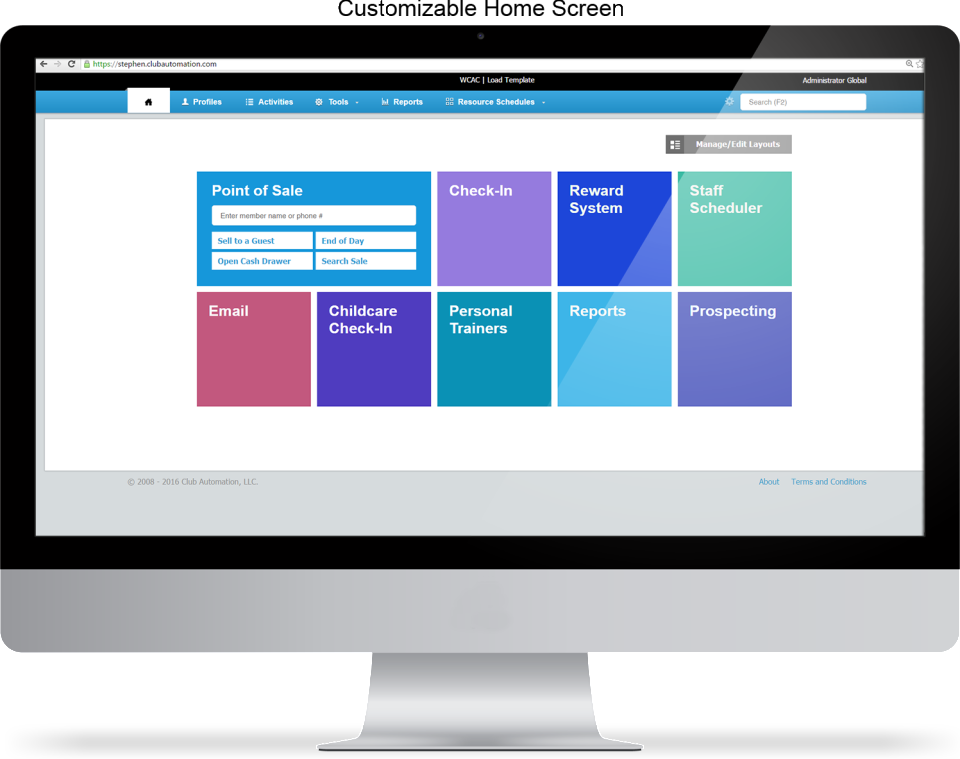 Historical Club Automation dashboard with tiles for check-in, point of sale, scheduling, and reports