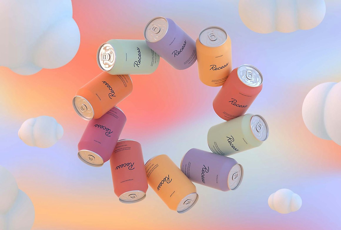 Pastel Recess cans arranged in a floating ring among soft clouds