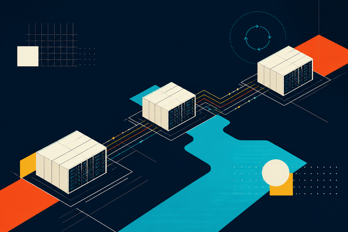 Abstract Swiss-style illustration of three modular data centers connected across a turquoise channel