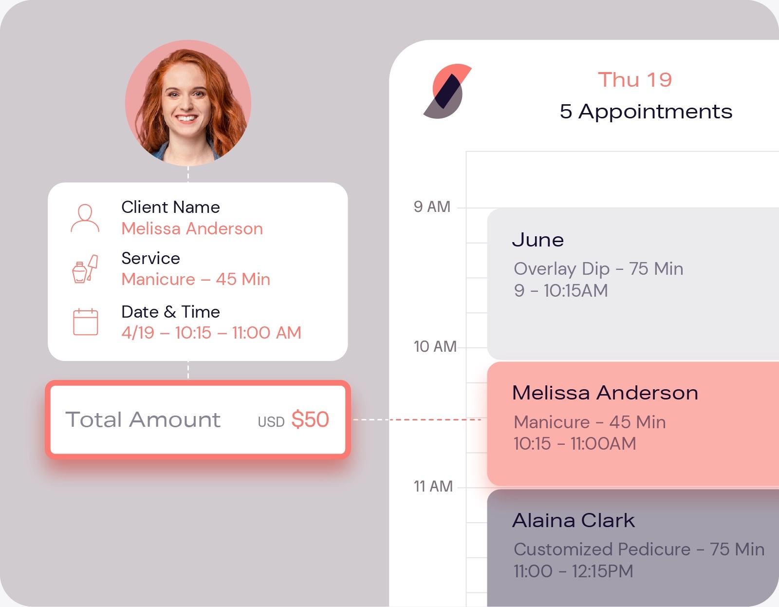 DaySmart Salon product illustration connecting a manicure appointment with the client record and price