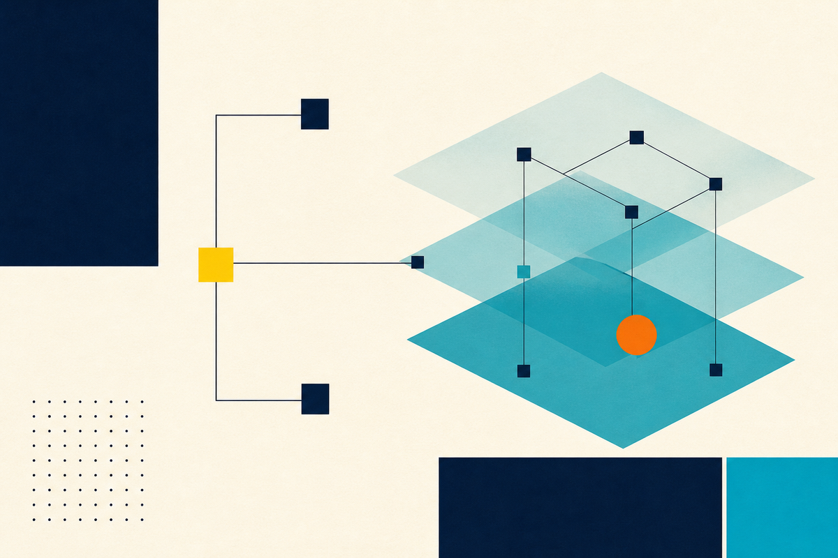 Abstract geometric network of layered teal planes, navy nodes, a yellow square and an orange circle