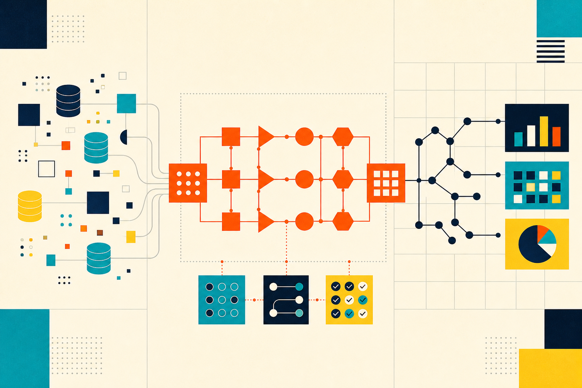 Abstract Swiss-style diagram of raw data moving through tested transformation nodes into organized analytics