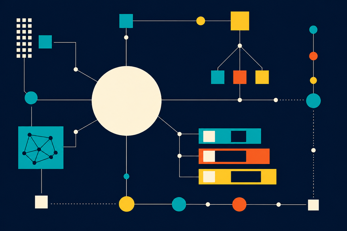 Abstract Swiss-style network of geometric hubs and connected modules in navy, teal, yellow, cream and orange