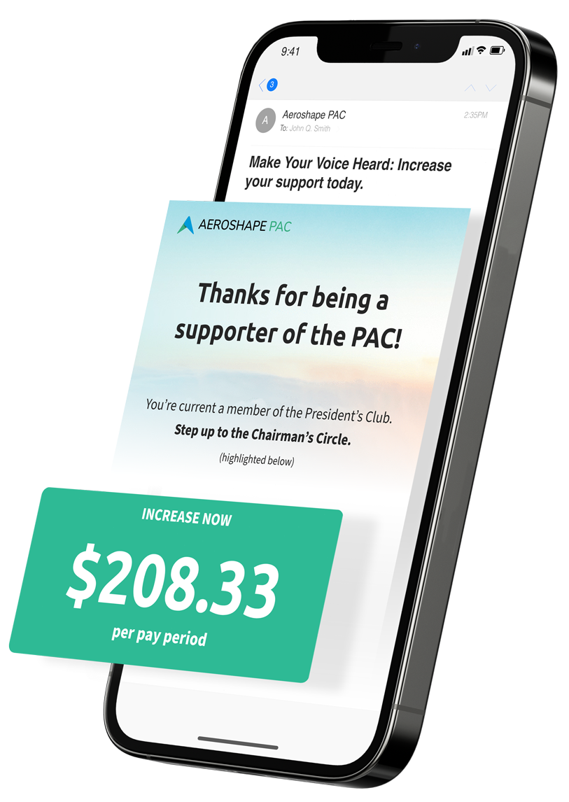 DDC illustrative PAC email and contribution website displayed on a phone