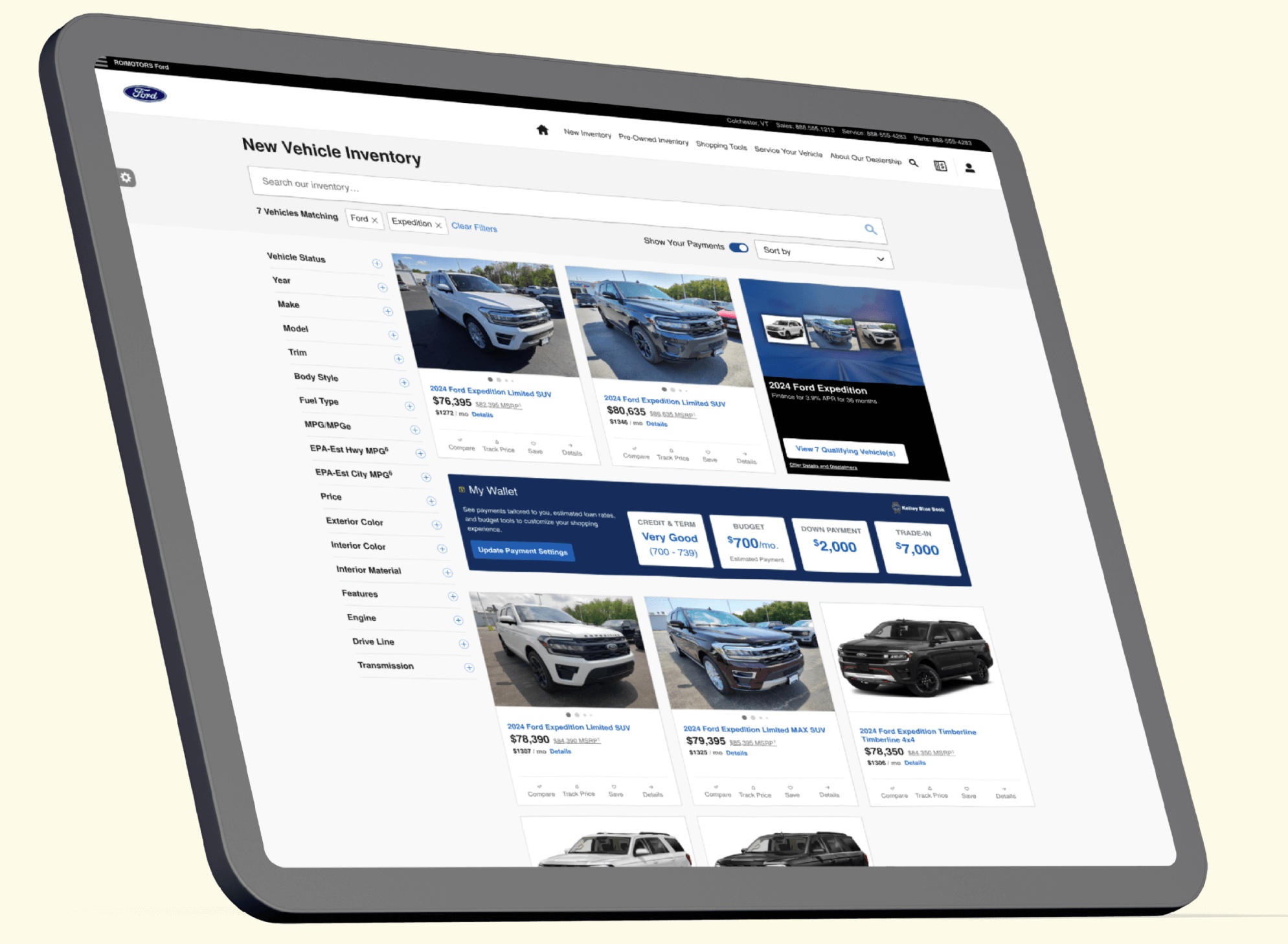Dealer.com product illustration of a dealership inventory search page with Kelley Blue Book My Wallet payment settings