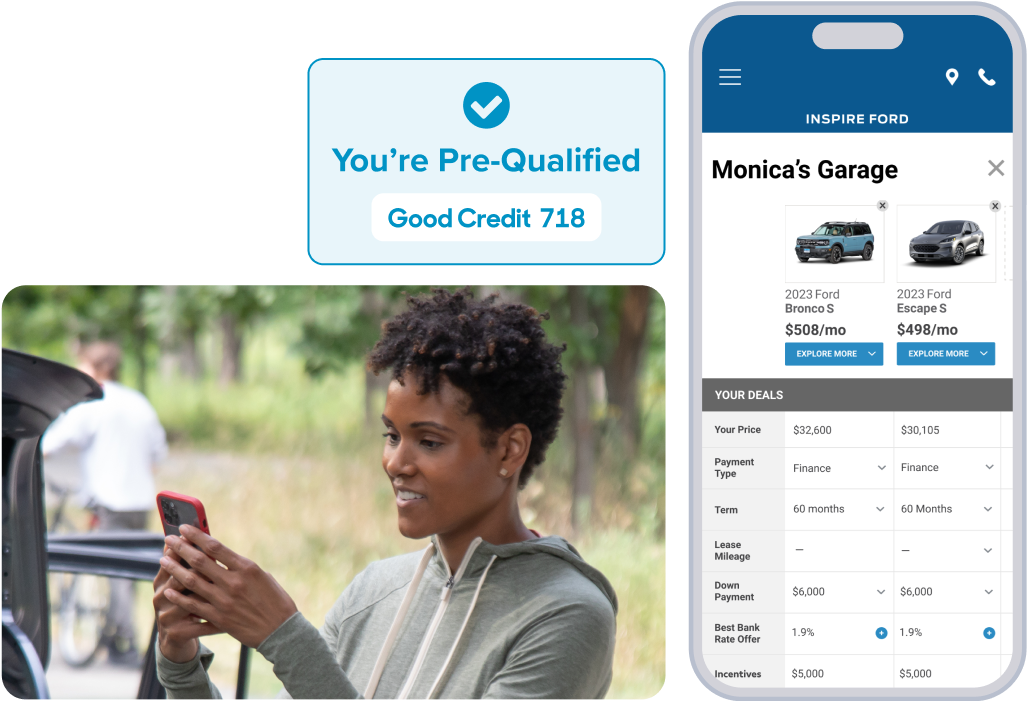 Official Dealer Inspire mockup showing saved vehicles, payment comparisons, and a pre-qualification illustration