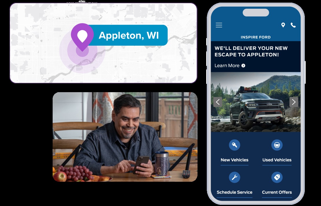 Dealer Inspire marketing composite showing a shopper and a mobile dealership site with an Appleton-specific delivery message
