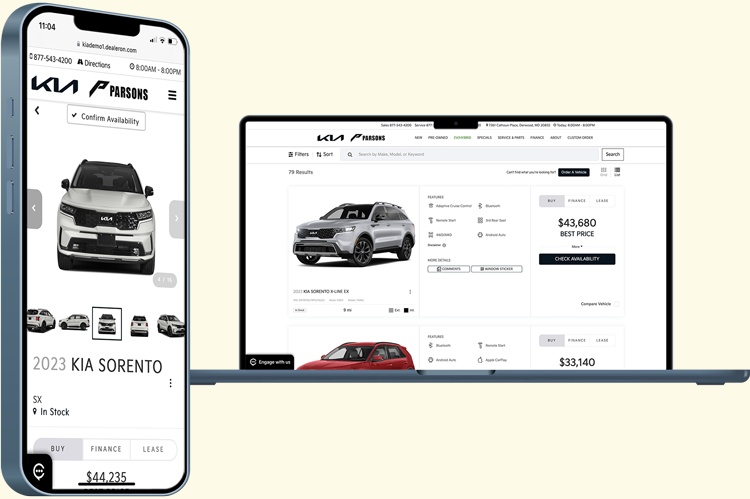 DealerOn product mockups showing a Kia vehicle search page and individual vehicle details