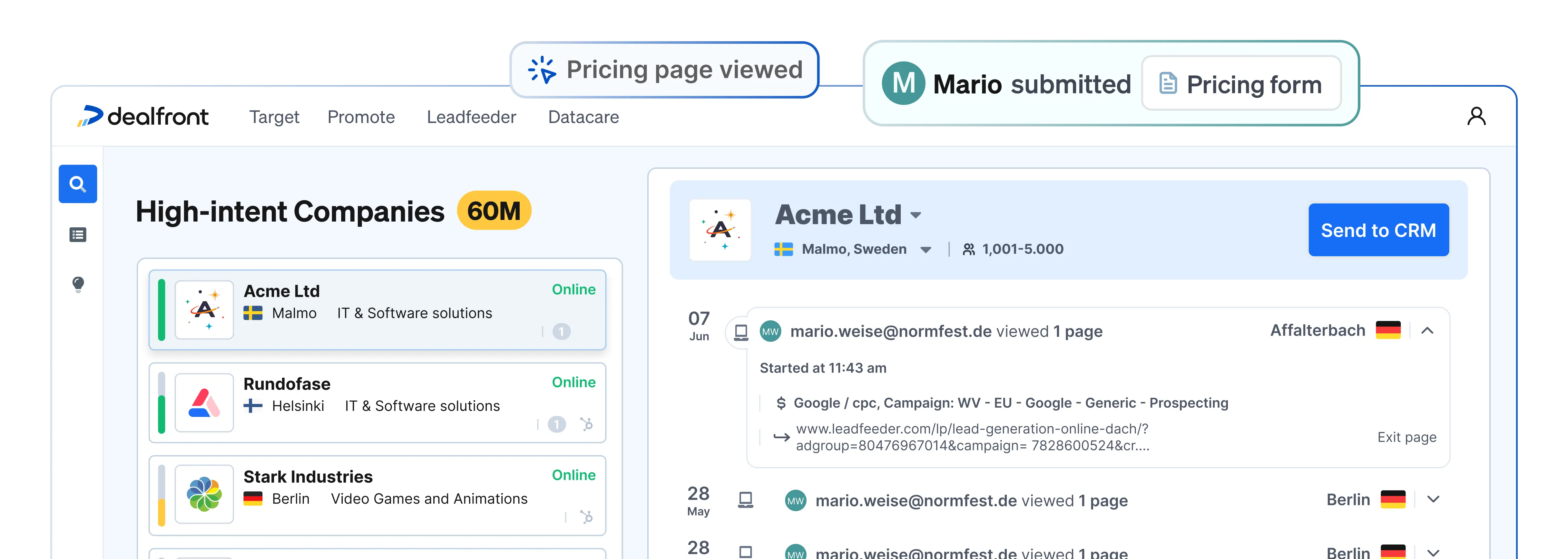 Dealfront interface mockup showing high-intent companies, website activity and a send to CRM button